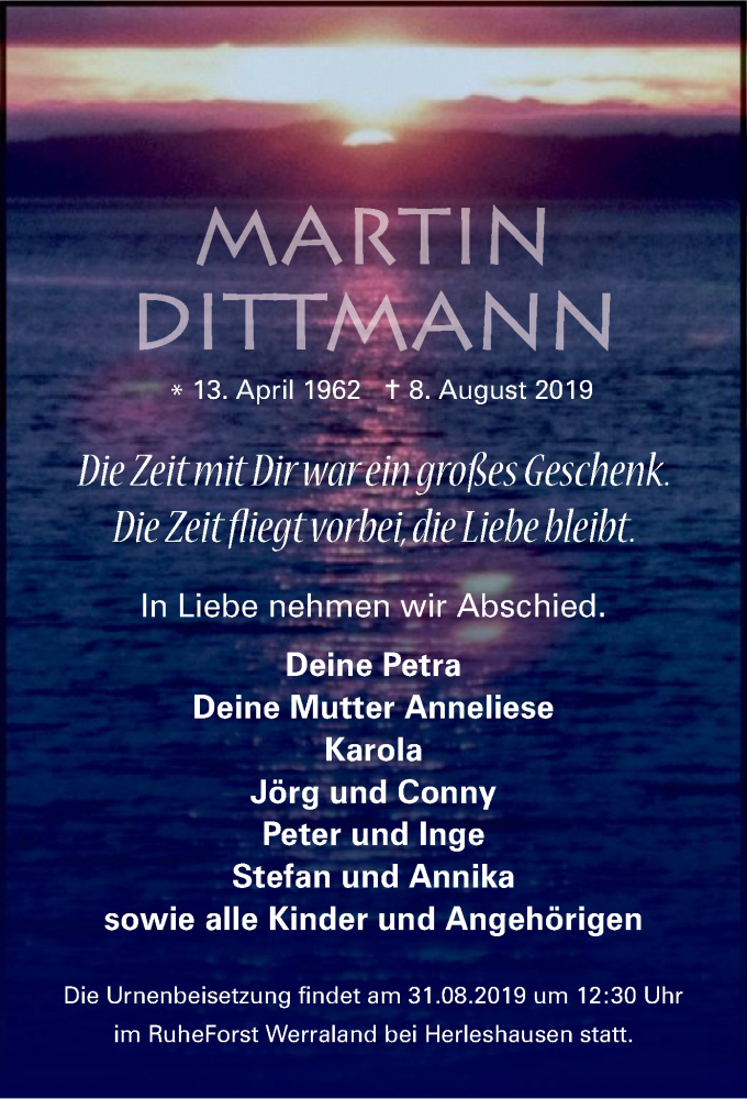  Traueranzeige für Martin Dittmann vom 17.08.2019 aus Eschwege