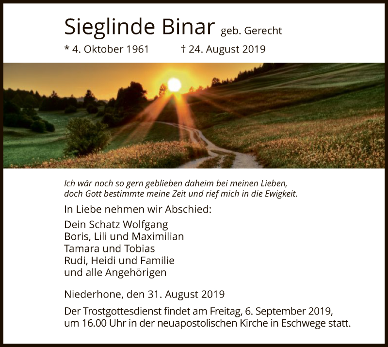 Traueranzeige für Sieglinde Binar vom 31.08.2019 aus Eschwege