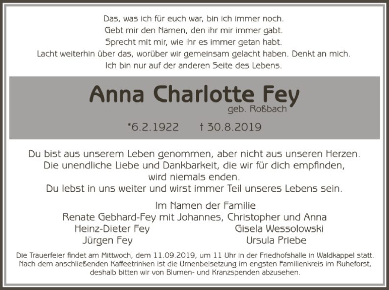  Traueranzeige für Anna Charlotte Fey vom 07.09.2019 aus Eschwege