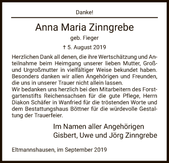 Traueranzeige von Anna Maria Zinngrebe von Eschwege