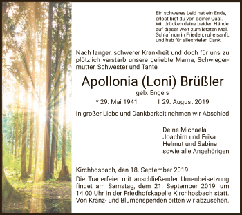 Traueranzeige von Apollonia Brüßler von Eschwege