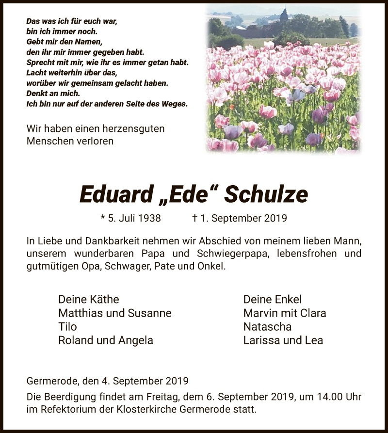  Traueranzeige für Eduard Schulze vom 04.09.2019 aus Eschwege