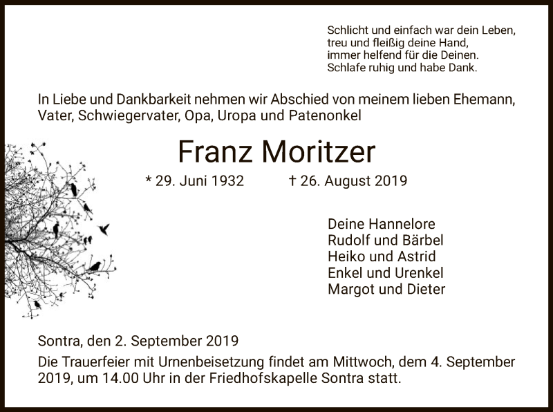  Traueranzeige für Franz Moritzer vom 02.09.2019 aus Eschwege