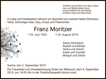 Traueranzeigen Von Franz Moritzer Trauer Werra Rundschau De