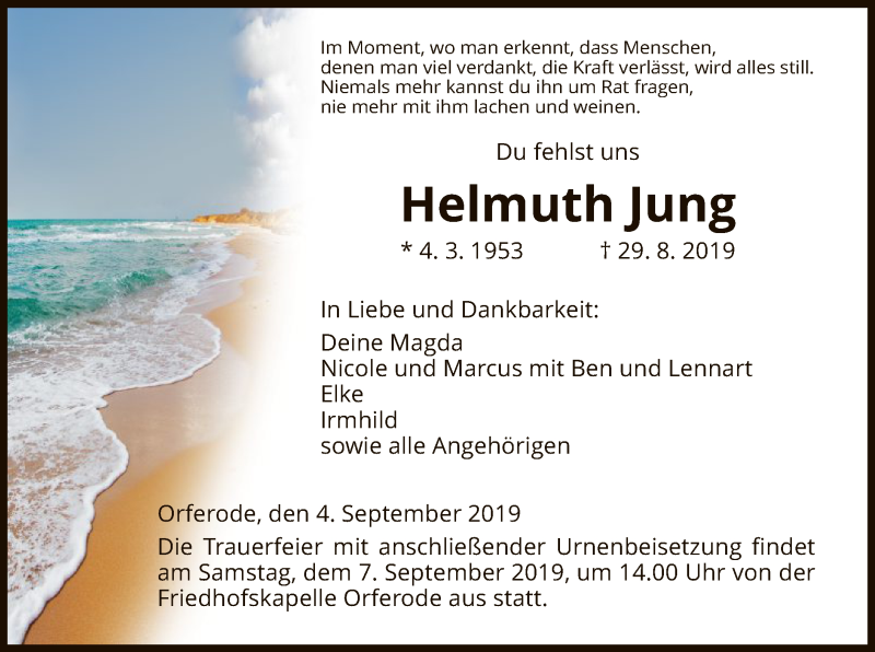  Traueranzeige für Helmuth Jung vom 04.09.2019 aus Eschwege