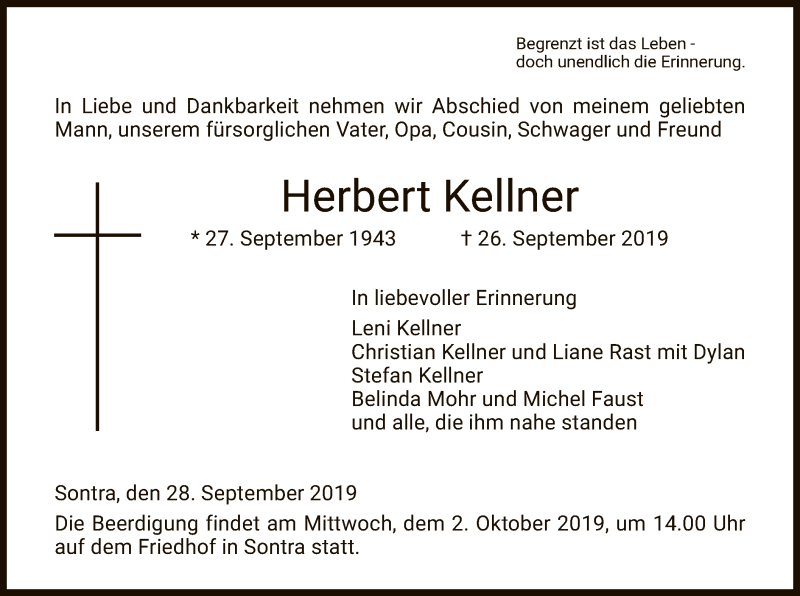  Traueranzeige für Herbert Kellner vom 28.09.2019 aus Eschwege