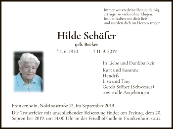 Traueranzeige von Hilde Schäfer von Eschwege