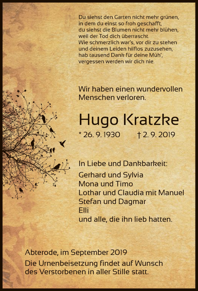  Traueranzeige für Hugo Kratzke vom 14.09.2019 aus Eschwege