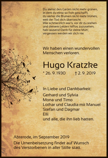 Traueranzeige von Hugo Kratzke von Eschwege