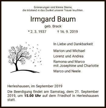 Traueranzeige von Irmgard Baum von Eschwege