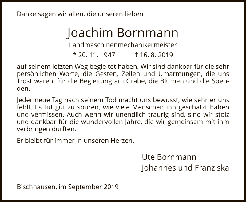 Traueranzeige für Joachim Bornmann vom 07.09.2019 aus Eschwege