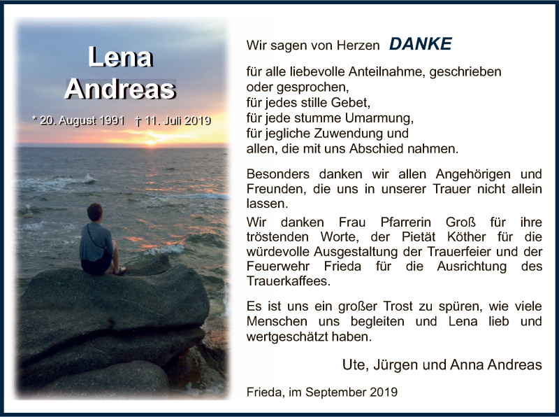  Traueranzeige für Lena Andreas vom 07.09.2019 aus Eschwege