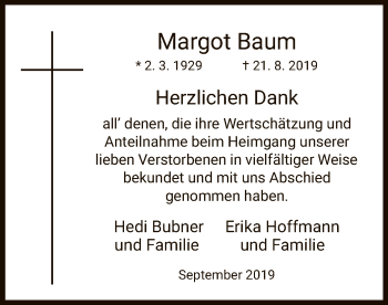 Traueranzeige von Margot Baum von Eschwege