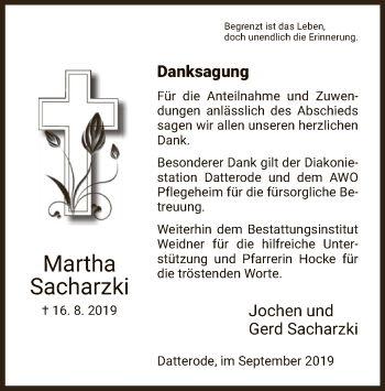 Traueranzeige von Martha Sacharzki von Eschwege