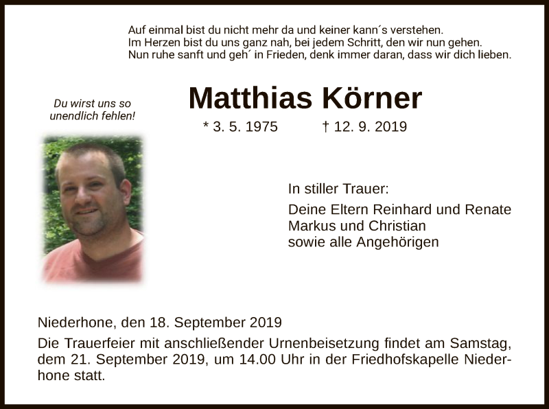  Traueranzeige für Matthias Körner vom 18.09.2019 aus Eschwege