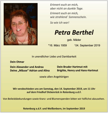 Traueranzeige von Petra Berthel von Eschwege