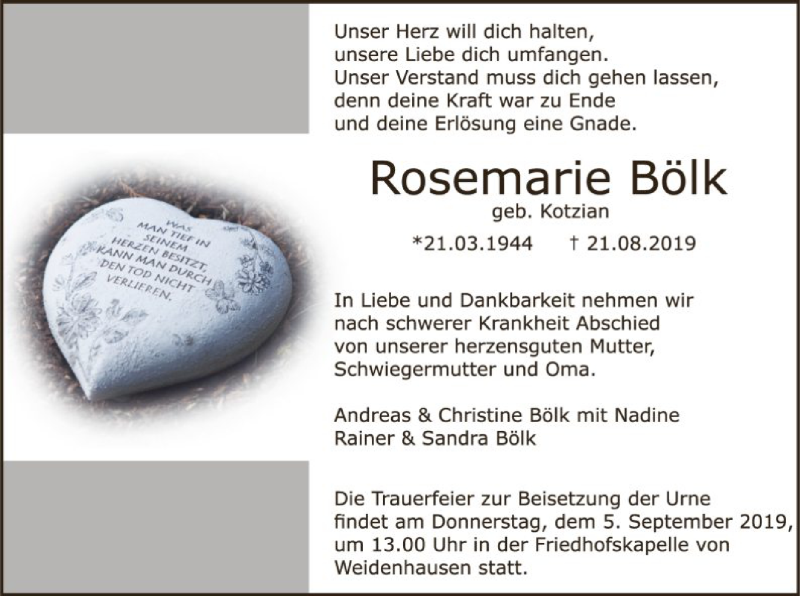  Traueranzeige für Rosemarie Bölk vom 02.09.2019 aus Eschwege