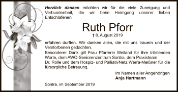 Traueranzeige von Ruth Pforr von Eschwege
