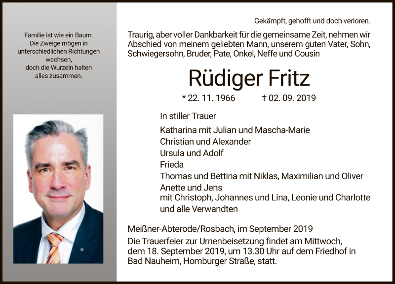  Traueranzeige für Rüdiger Fritz vom 07.09.2019 aus Eschwege