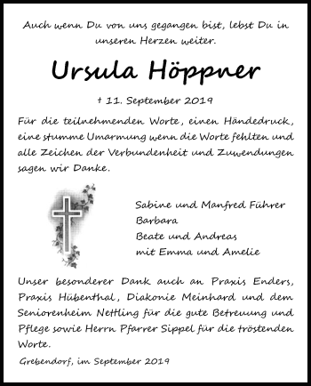 Traueranzeige von Ursula Höppner von Eschwege