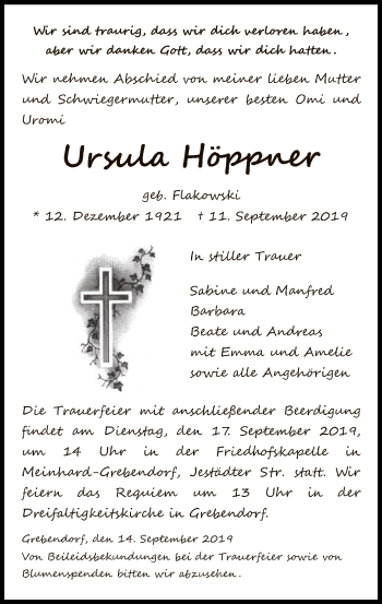 Traueranzeige von Ursula Höppner von Eschwege