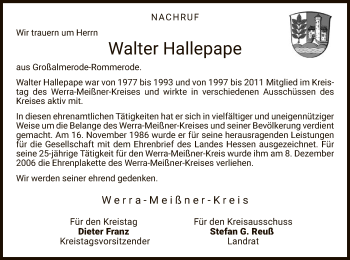 Traueranzeige von Walter Hallepape von Eschwege