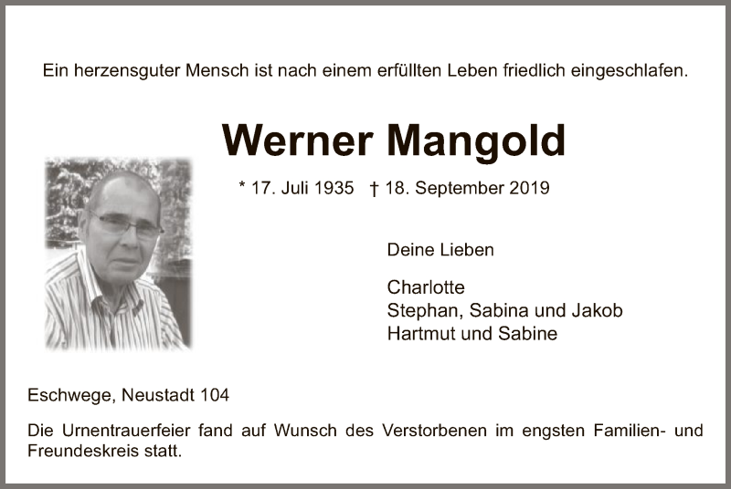  Traueranzeige für Werner Mangold vom 28.09.2019 aus Eschwege