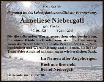 Traueranzeige von Anneliese Niebergall von Eschwege