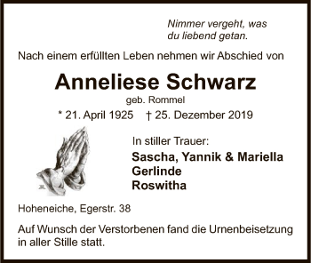 Traueranzeige von Anneliese Schwarz von Eschwege