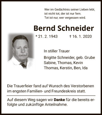 Traueranzeige von Bernd Schneider von Eschwege