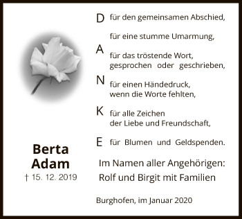 Traueranzeige von Berta Adam von Eschwege