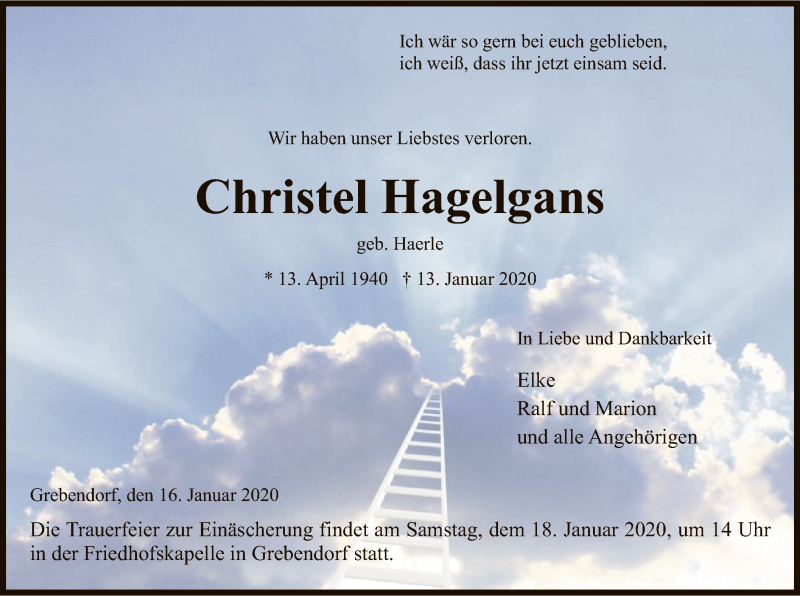  Traueranzeige für Christel Hagelgans vom 16.01.2020 aus Eschwege