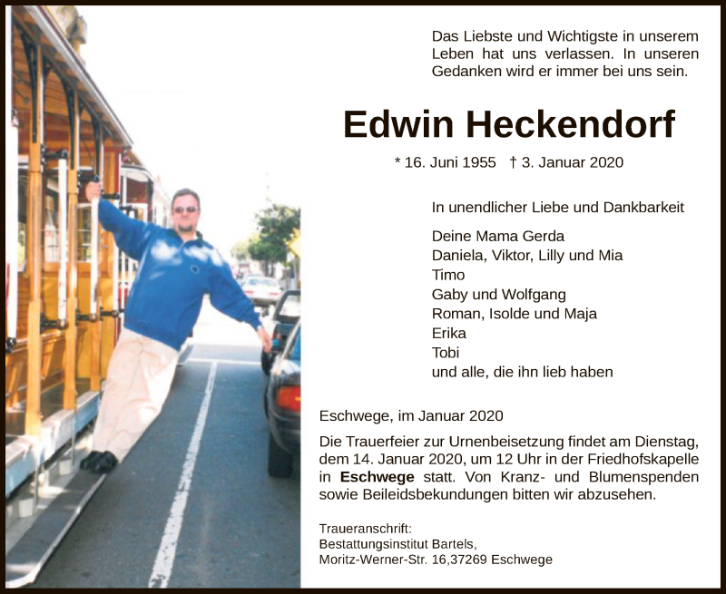  Traueranzeige für Edwin Heckendorf vom 11.01.2020 aus Eschwege