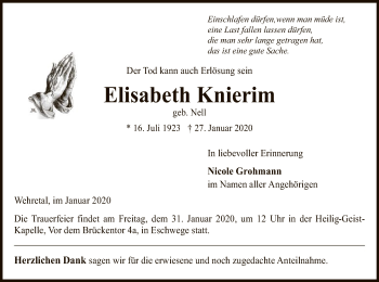 Traueranzeige von Elisabeth Knierim von Eschwege