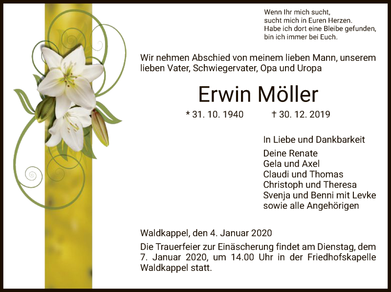  Traueranzeige für Erwin Möller vom 04.01.2020 aus Eschwege