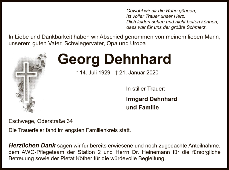  Traueranzeige für Georg Dehnhard vom 29.01.2020 aus Eschwege