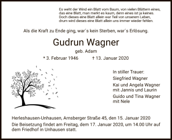 Traueranzeige von Gudrun Wagner von Eschwege