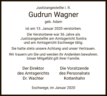 Traueranzeige von Gudrun Wagner von Eschwege