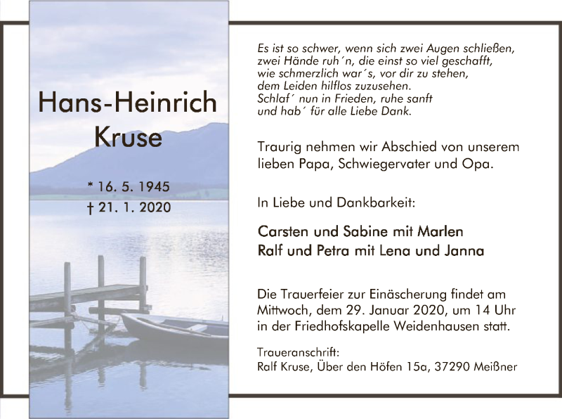  Traueranzeige für Hans-Heinrich Kruse vom 25.01.2020 aus Eschwege