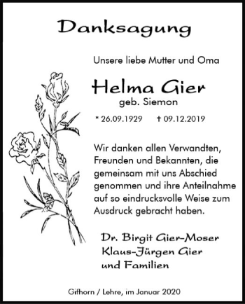 Traueranzeige von Helma Gier von Eschwege