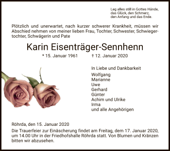 Traueranzeige von Karin Eisenträger-Sennhenn von Eschwege