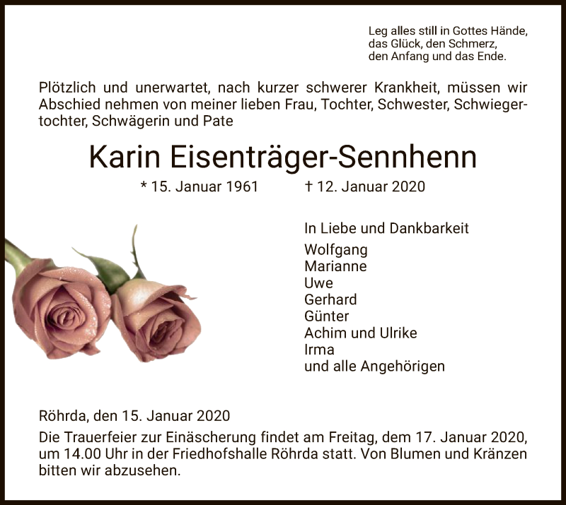  Traueranzeige für Karin Eisenträger-Sennhenn vom 15.01.2020 aus Eschwege