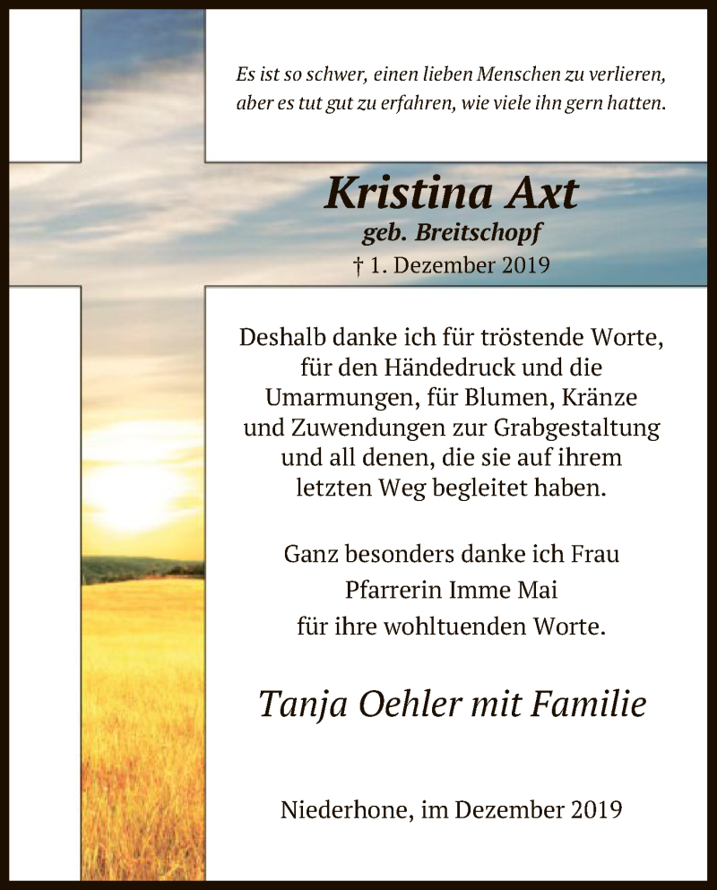  Traueranzeige für Kristina Axt vom 31.12.2019 aus Eschwege