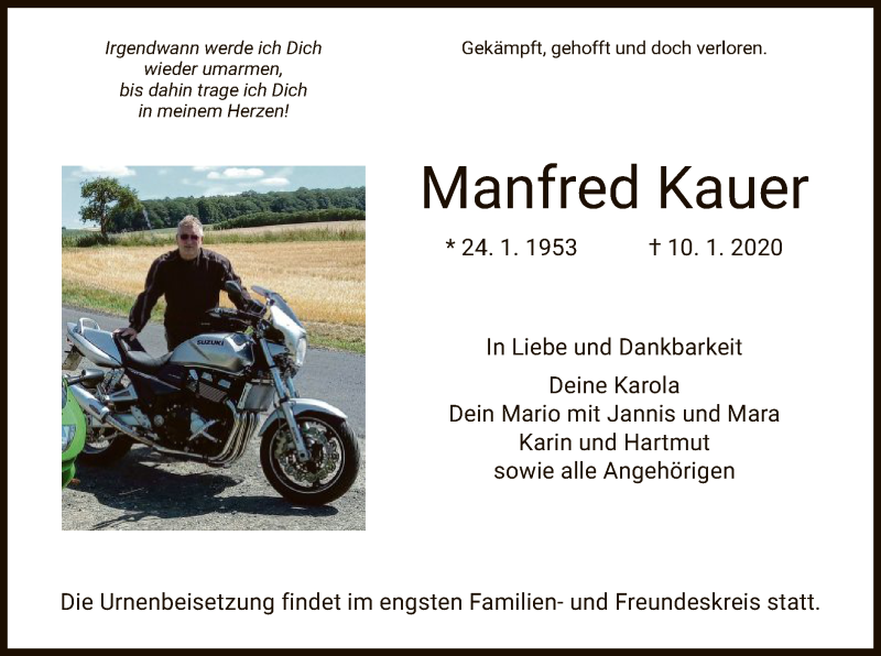  Traueranzeige für Manfred Kauer vom 18.01.2020 aus Eschwege