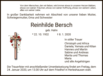 Traueranzeige von Reinhilde Bersch von Eschwege