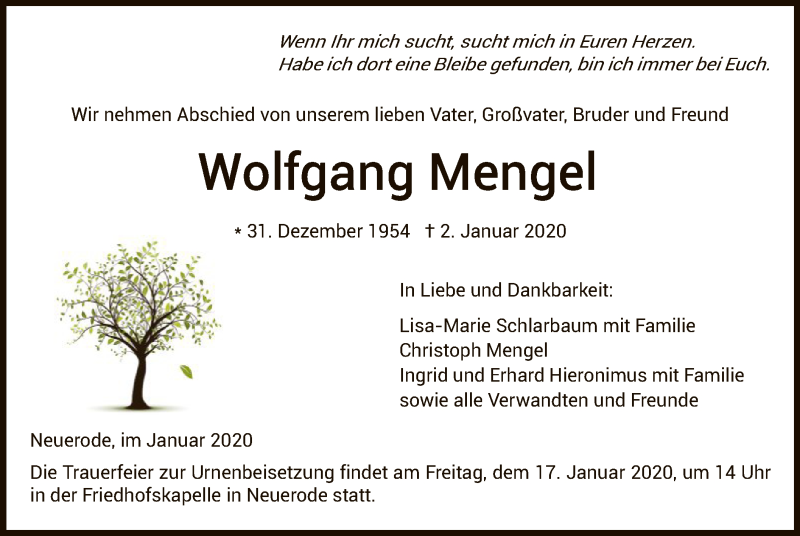  Traueranzeige für Wolfgang Mengel vom 11.01.2020 aus Eschwege