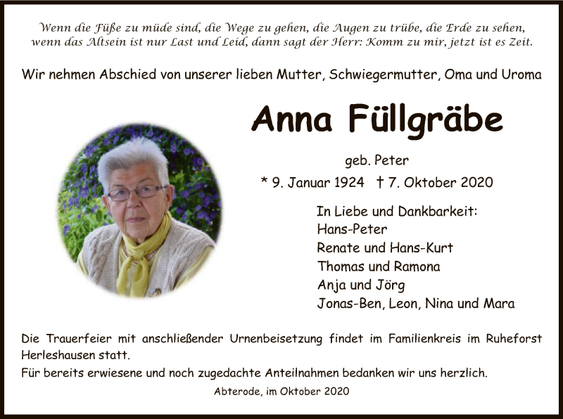  Traueranzeige für Anna Füllgrabe vom 21.10.2020 aus WRS