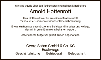 Traueranzeige von Arnold Hottenrott von WRS