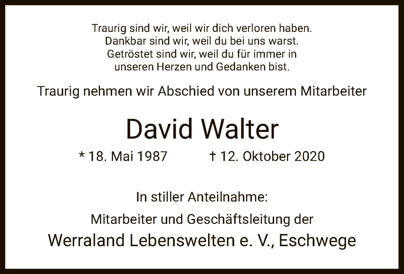  Traueranzeige für David Walter vom 24.10.2020 aus WRS