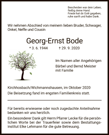 Traueranzeige von Georg-Ernst Bode von WRS